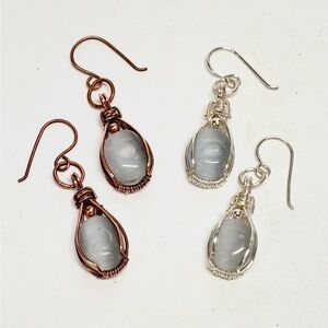 HAND CRAFTED Cats Eye Wire Wrapped Dangle Earrings (Your choice of finish)